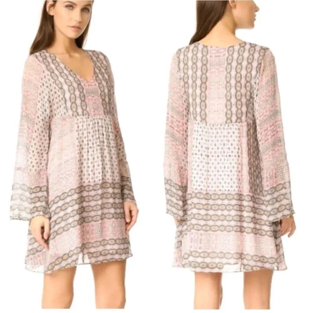 Rebecca Minkoff Redland Mini Dress Pink Chiffon Long Sleeves V-neck size S